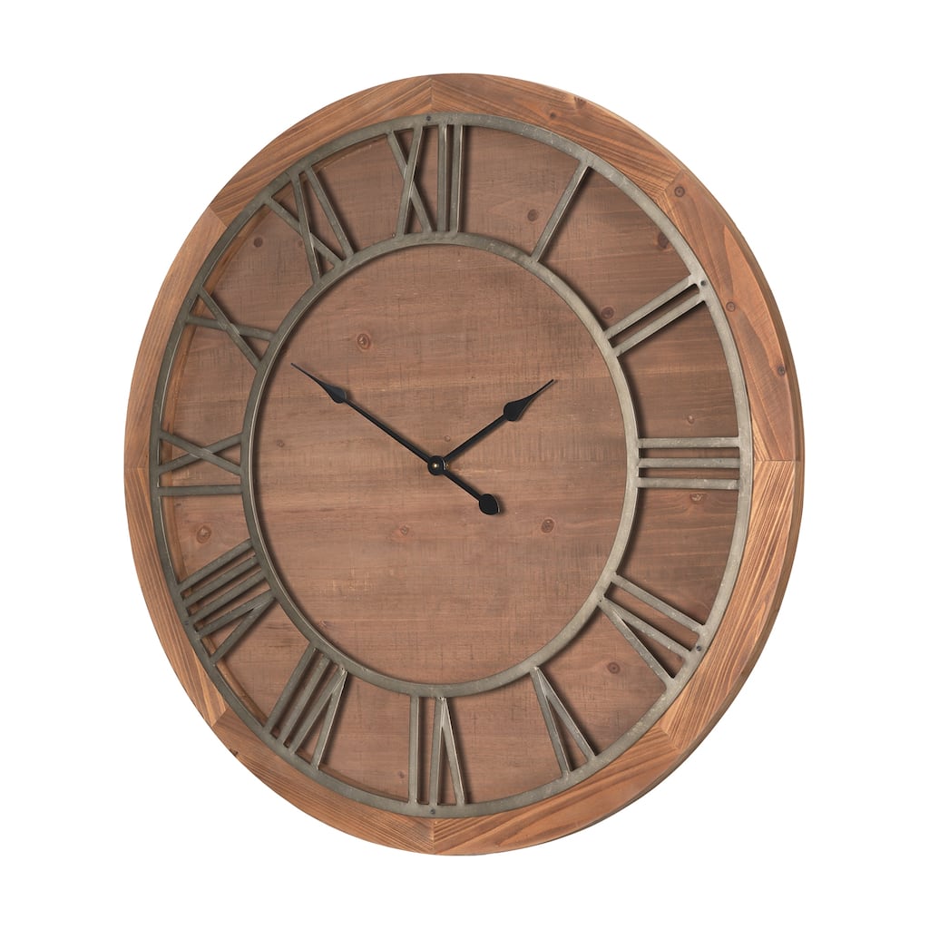 Raul Medium Brown Wood W/ Silver Metal Wall Clock - 35.7L x 2.3W x 35.7H