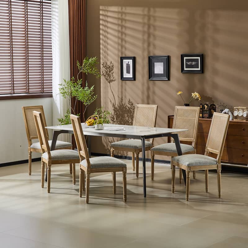 [Set of 6] French Country Dining Chairs-0Elegant Cane Backrest & Upholstered Seats with Fluted Legs- Solid Rubberwood Frame - Grayish Green