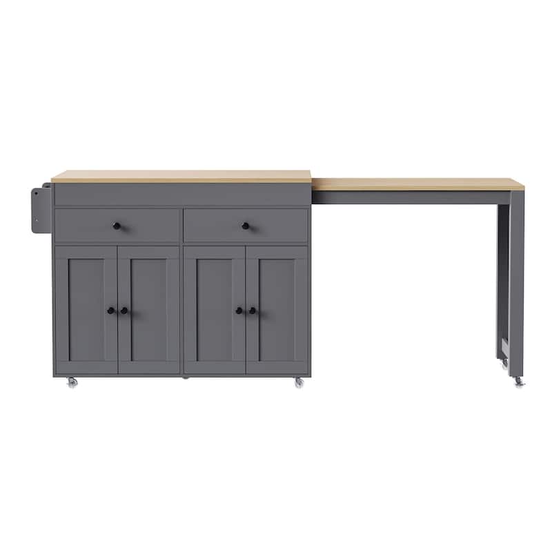4 Door Kitchen Island Cart with Extendable Dining Table, Rolling Kitchen Island on Wheels with Spice Rack and 2 Drawers