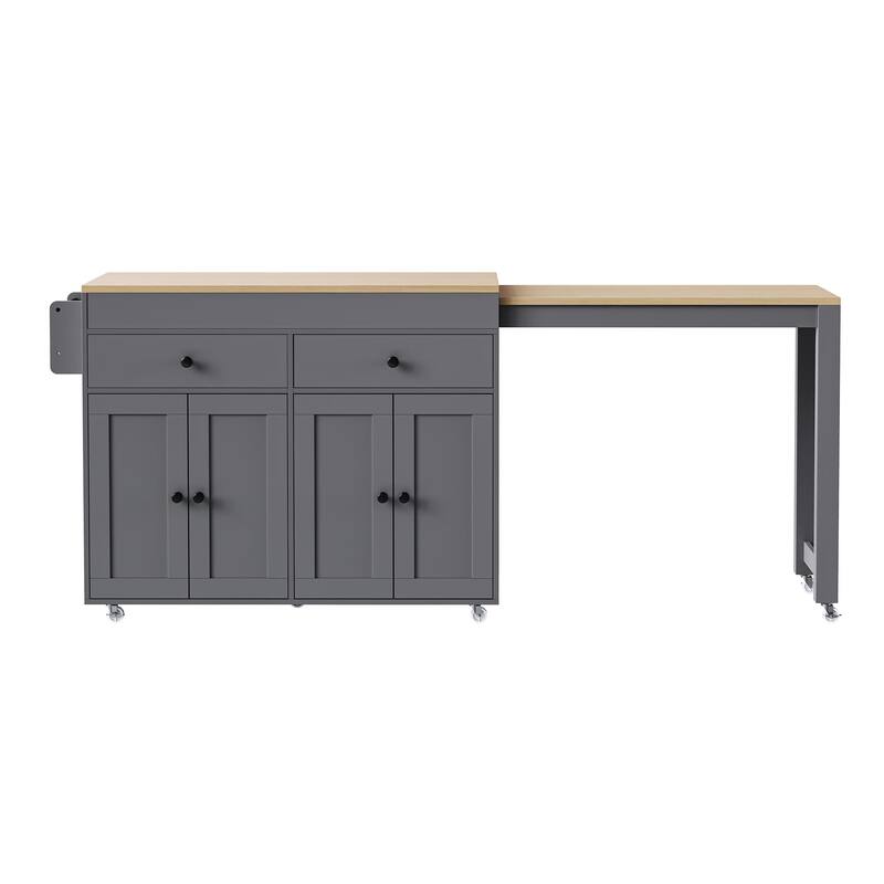 Kitchen Island with Extendable Dining Table , Rolling Kitchen Island with Spice Rack and 2 Drawers, Kitchen Storage Cart