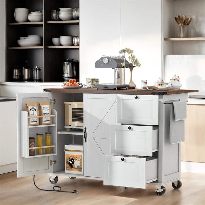 54.5"Wood Rolling Kitchen Island w/ Power Outlet,Internal Storage Rack