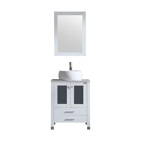 24-inch White Modern Bathroom Cabinet with Top and Vessel Sink and mirror