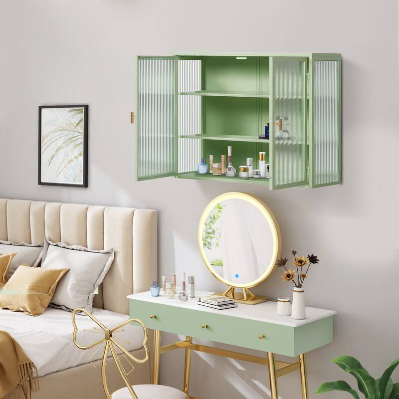 27.56"Glass Doors Modern Two-door Wall Cabinet with Featuring Three-tier Storage for Entryway Living Room Bathroom Dining Room