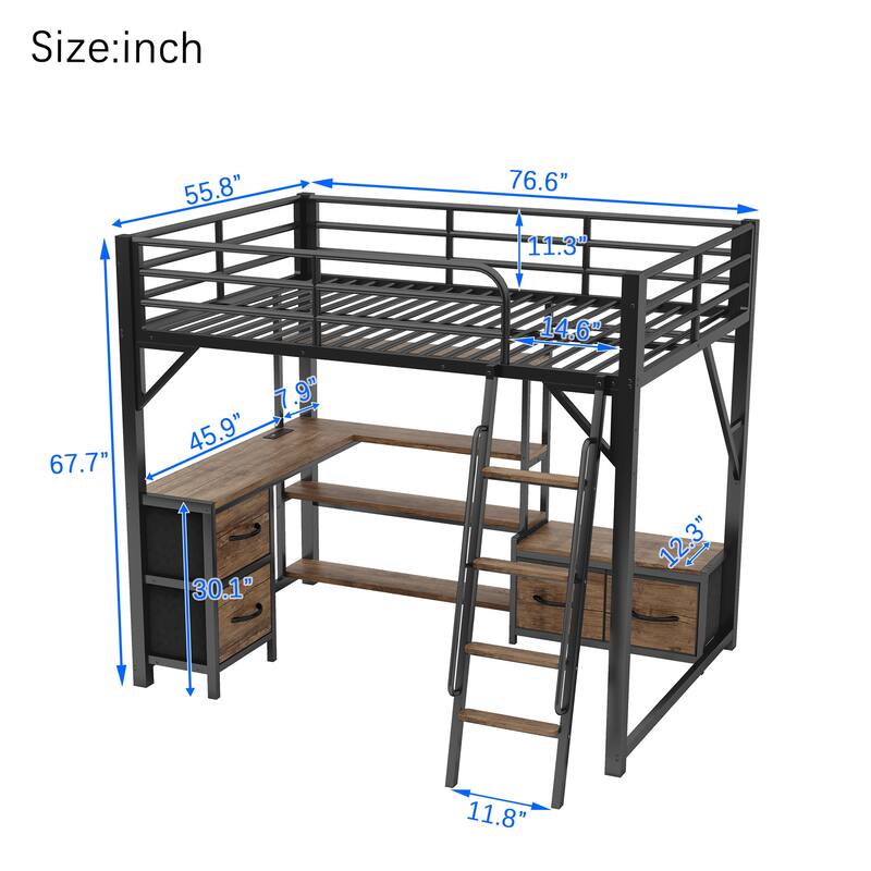 Full Size Loft Bed with Desk, Storage Shelves, Wardrobe, Drawers, and LED Light