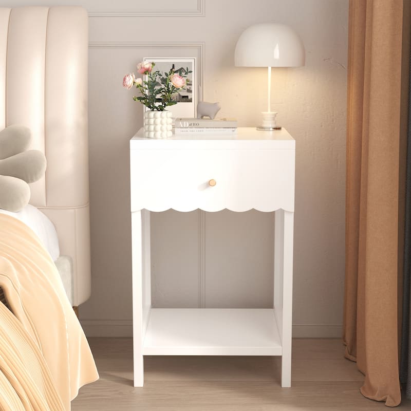 Modern White Nightstand with Drawer and Open Shelf for Bedroom - White - 1-drawer