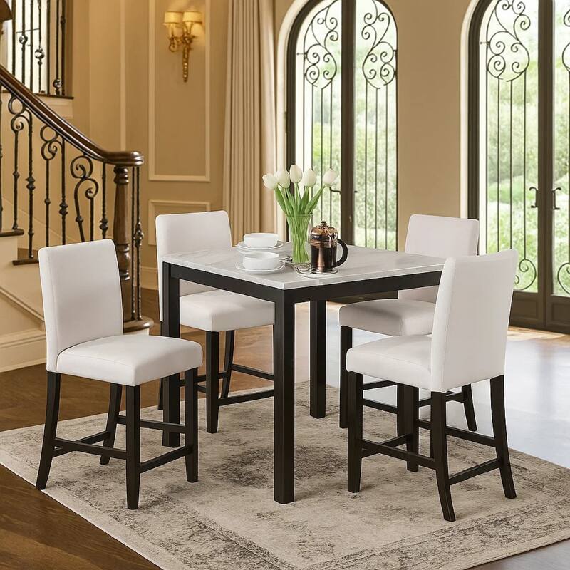 Wesley 5pc Dining Table Set, White Faux-Leather, Faux Marble, Dark Brown
