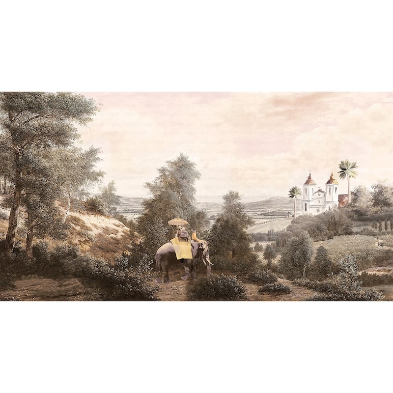 Vintage Scenic Wallpaper Mural with Elephant Ride and Serene Countryside Landscape