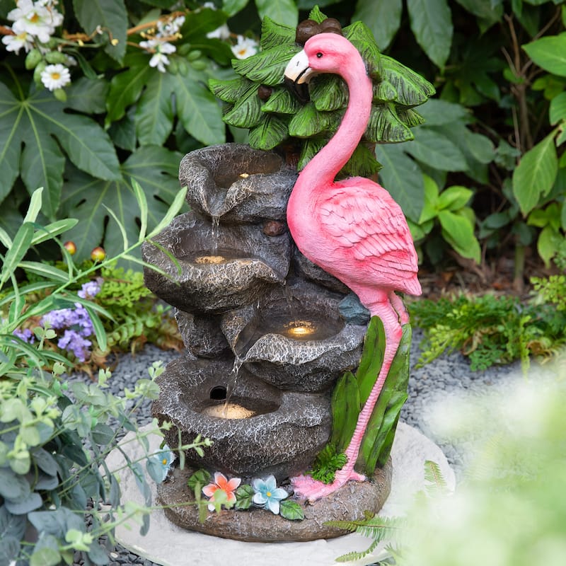 Glitzhome 23.5"H 4-Tiered Flamingo Polyresin Stone Outdoor Fountain with Lights