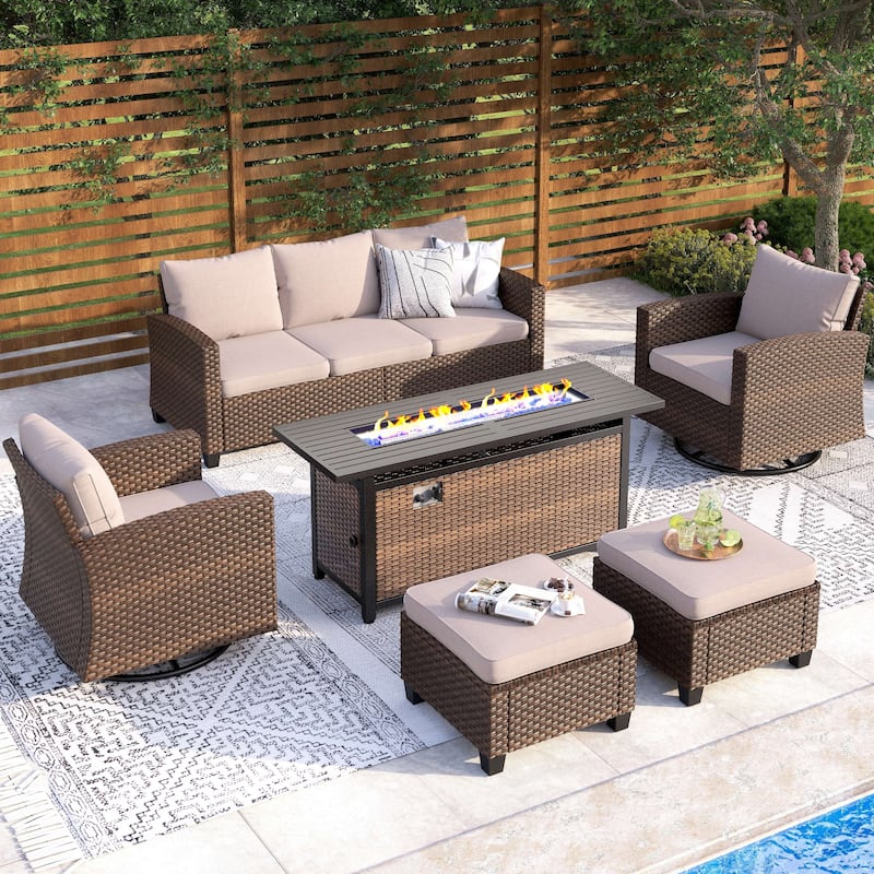 7/9-Seat Patio Furniture Wicker Rattan Outdoor High-back Sectional Sofa Conversation Set with Firepit Table