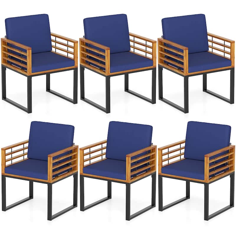 Gymax Patio Dining Chairs Set of 6 w/ Seat Back Cushions & Heavy-Duty - Natural, Black+Navy - Set of 6