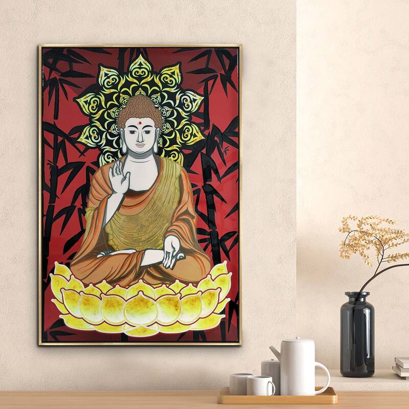 39 x 59 Hand Painted Buddha on Lotus, Gold Frame, Resin Coated, Red, Yellow - Red, Gold, Black