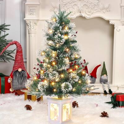 3 Ft Artificial Pre-Lit Christmas Tree with Snowflakes and Red Berries
