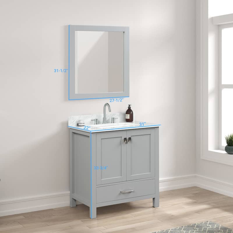 Blossom Geneva 30" Bathroom Vanity with Marble Top, Sink & Mirror