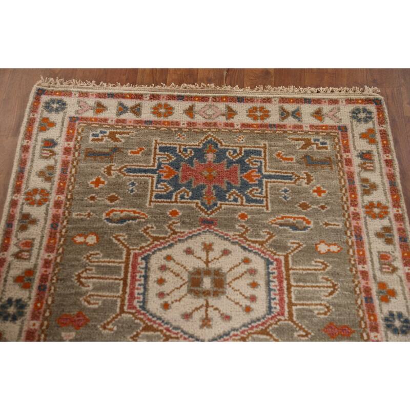 Geometric Grey Kazak Accent Rug Handmade Traditional Wool Carpet - 3'1"x 5'0"
