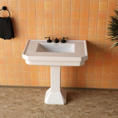 Victorian 32" Large Pedestal Sink Wall Mounted White Porcelain Sink with Black Plated Brass 8" Widespread Faucet and Drain