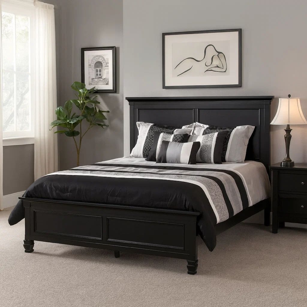 Umi Full Size Bed, Classic Panel Design with Molded Details, Black Wood