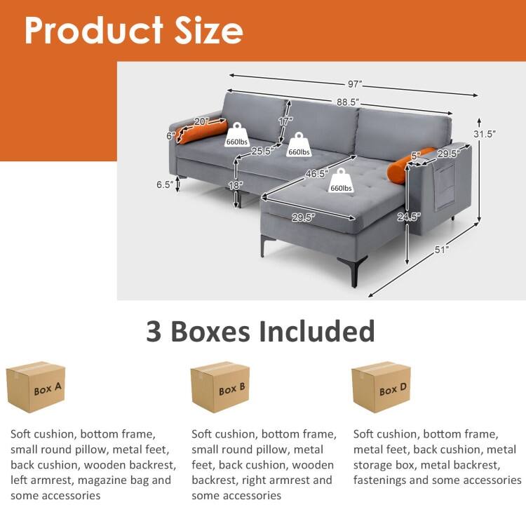 Modular L-shaped 3-Seat Sectional Sofa with Reversible Chaise and 2 USB Ports - 97" x 51" x 31.5" (L x W x H)