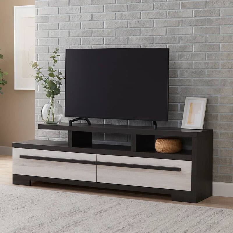 Ruthe TV Stand Media Cabinet with 2 Drawers, Shelves, Black and White Wood