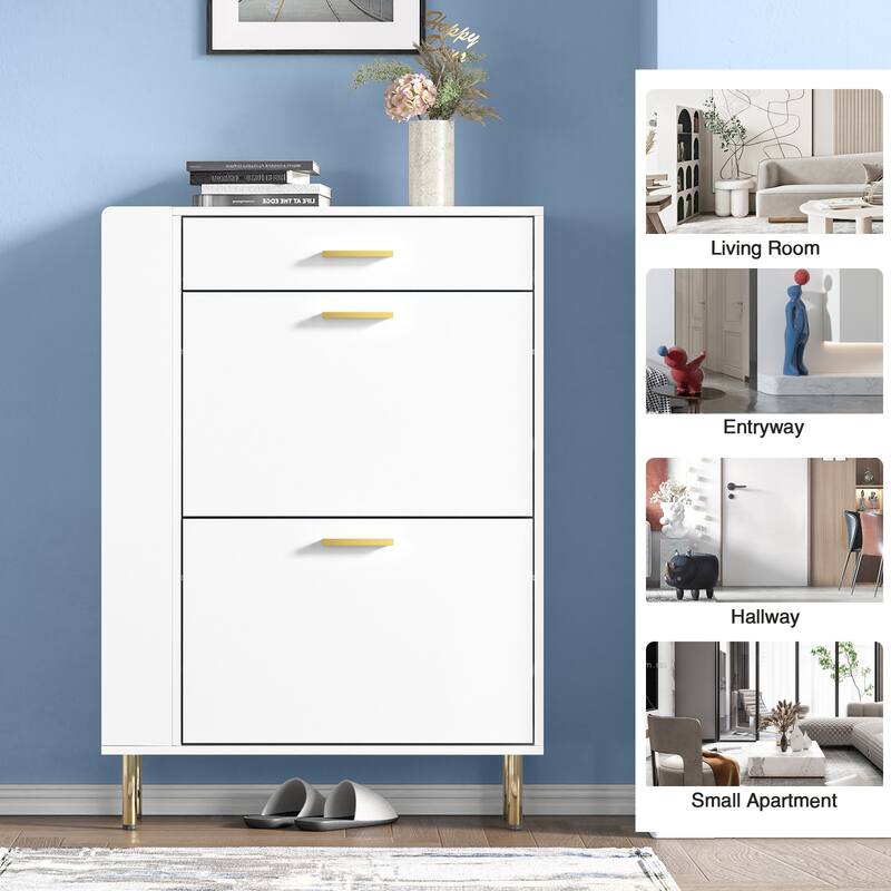 Anmytek Modern White Shoe Storage Cabinet 16 Pairs Slim Shoe Rack Organizer with 2 Flip Drawers - 29.5"W x 9.4"D x 41.3"H