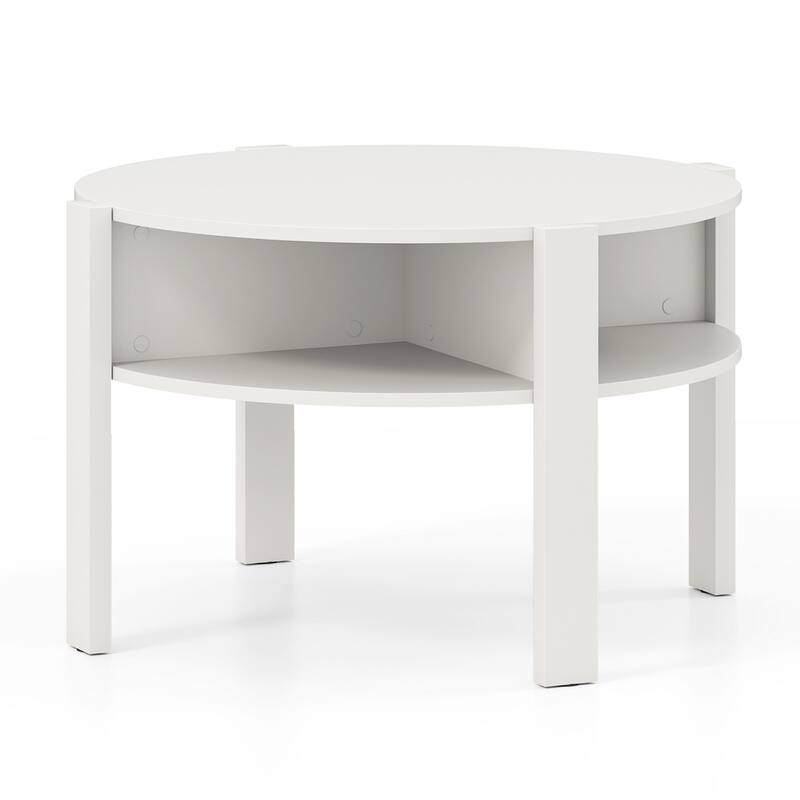 Gymax 29.5'' 2-Tier Round Coffee Table w/ Storage 4 Shelves Faux