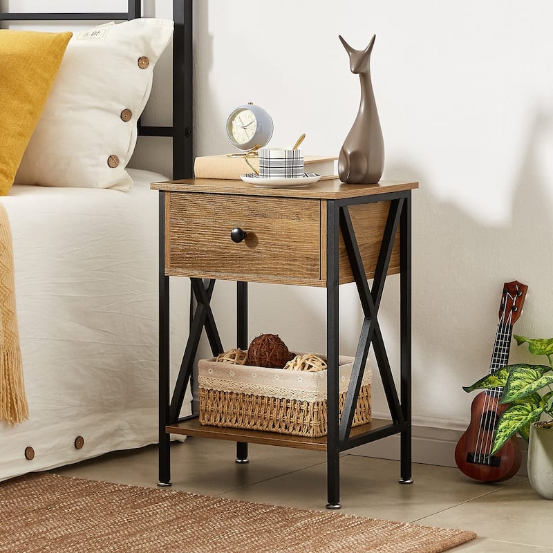 VECELO Modern Nightstand 1-Drawer with Storage Shelf, End Table/Side Table - Walnut Brown