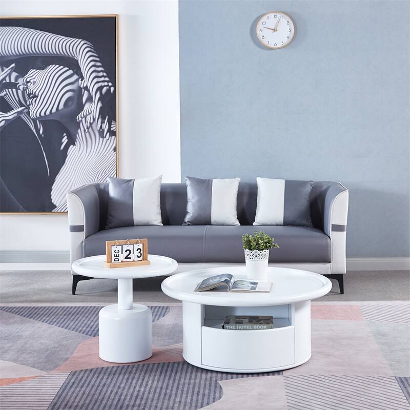 2 Pieces White MDF Round Coffee Table Set for Living Room