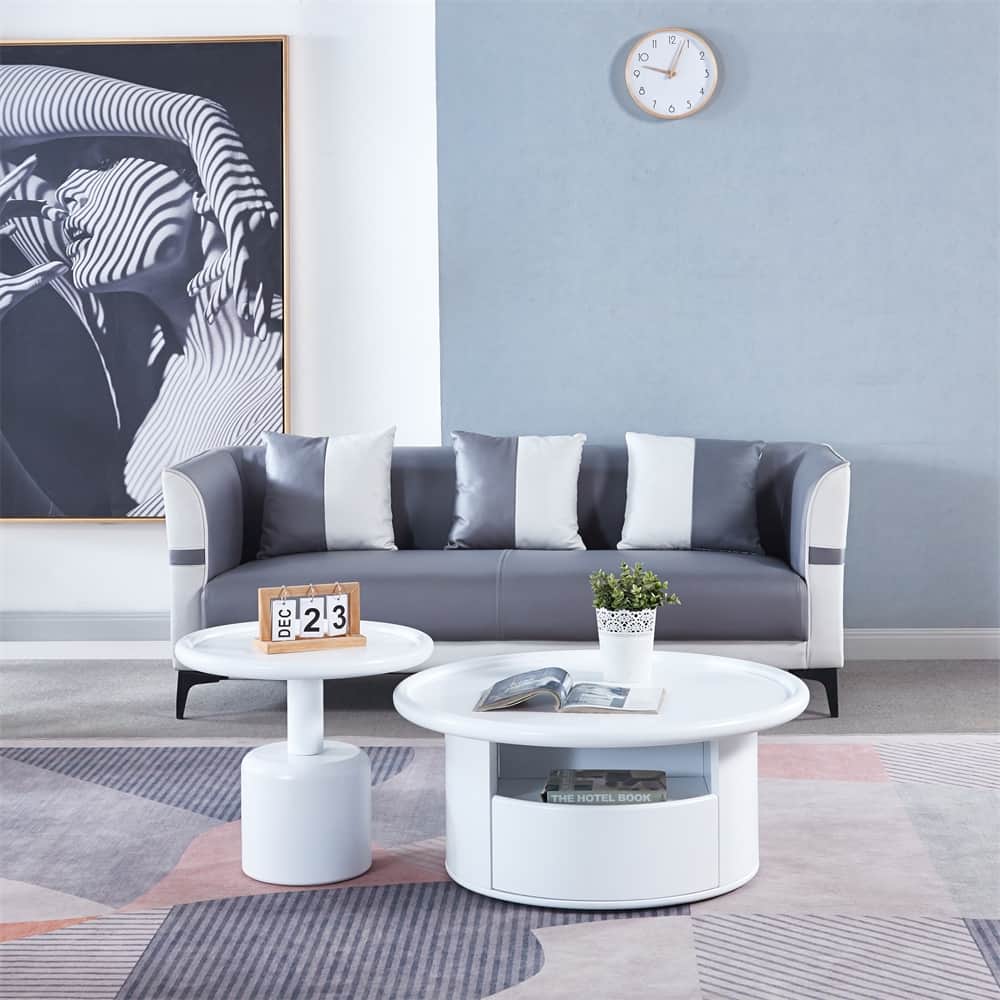 2 Pieces White MDF Round Coffee Table Set for Living Room