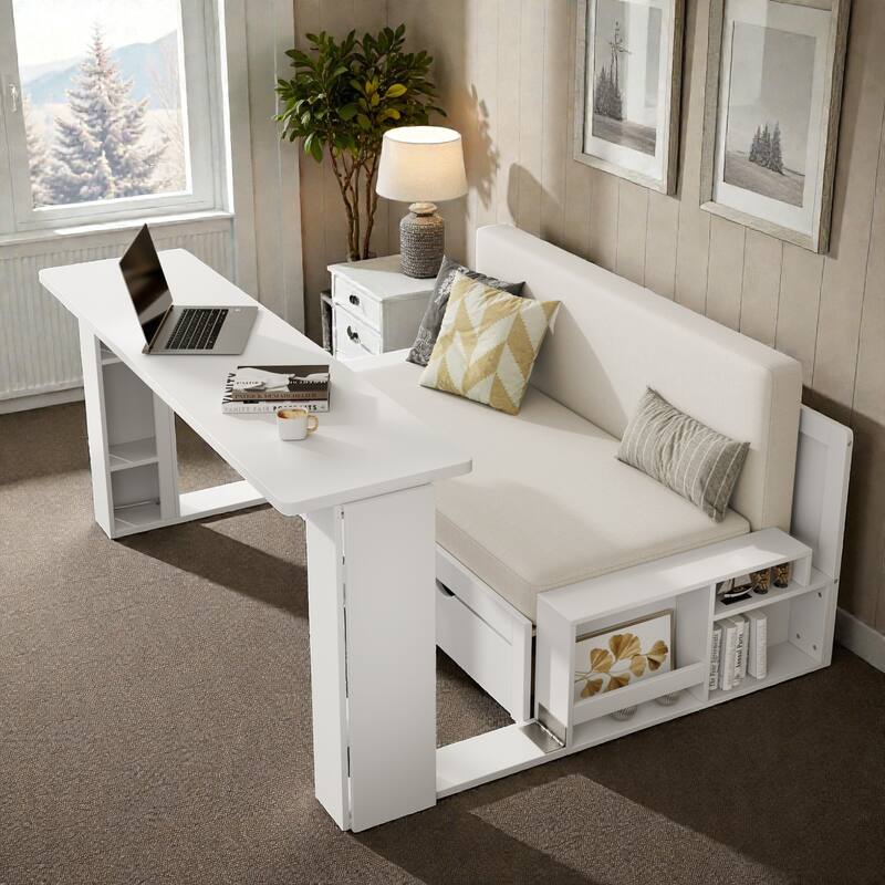 Full Size Daybed with Removable Desk, Storage Drawers & Hydraulic Side Table, Multi-Functional Sofa Bed for Small Spaces