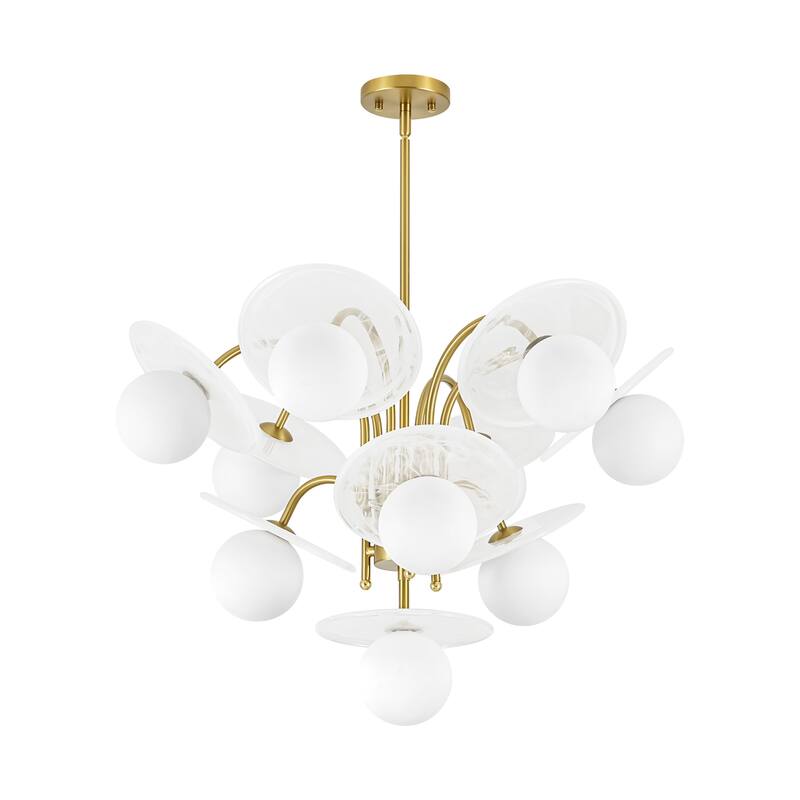 29.1" W 10-Light Mid-Century Chandelier with Cloud Glass Discs and Opal Globes in Brushed Gold