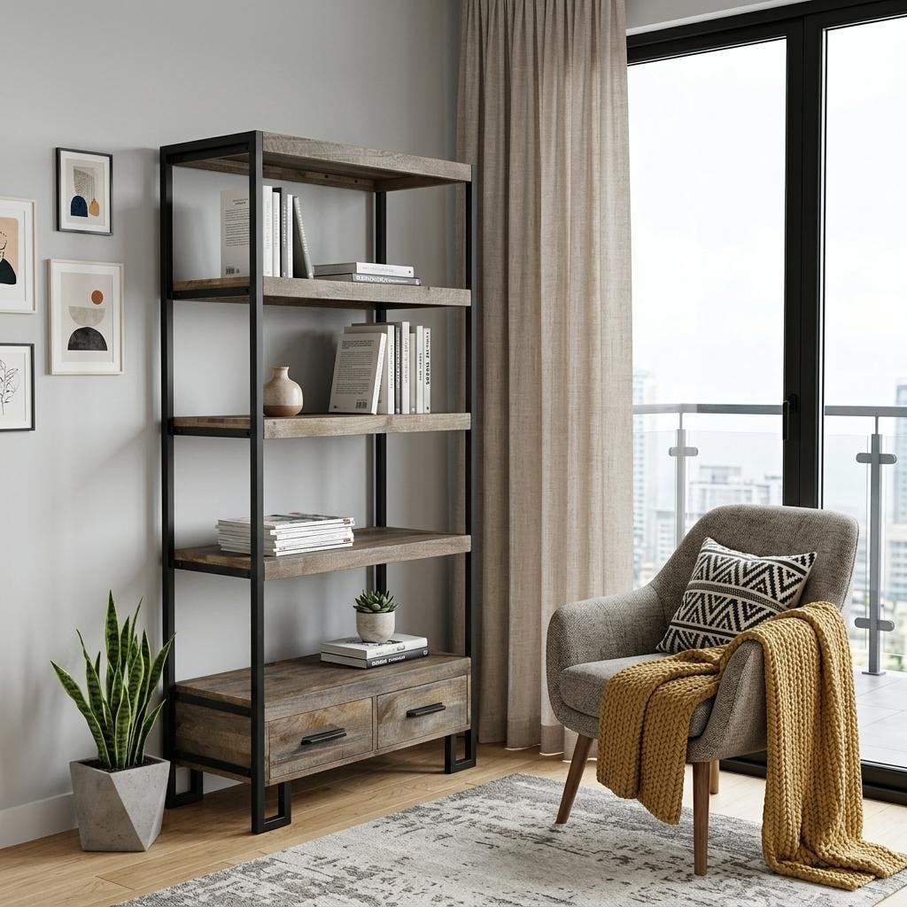 HomeRoots 71" Brown Distressed Solid Wood Four Tier Etagere Bookcase with Two Drawers