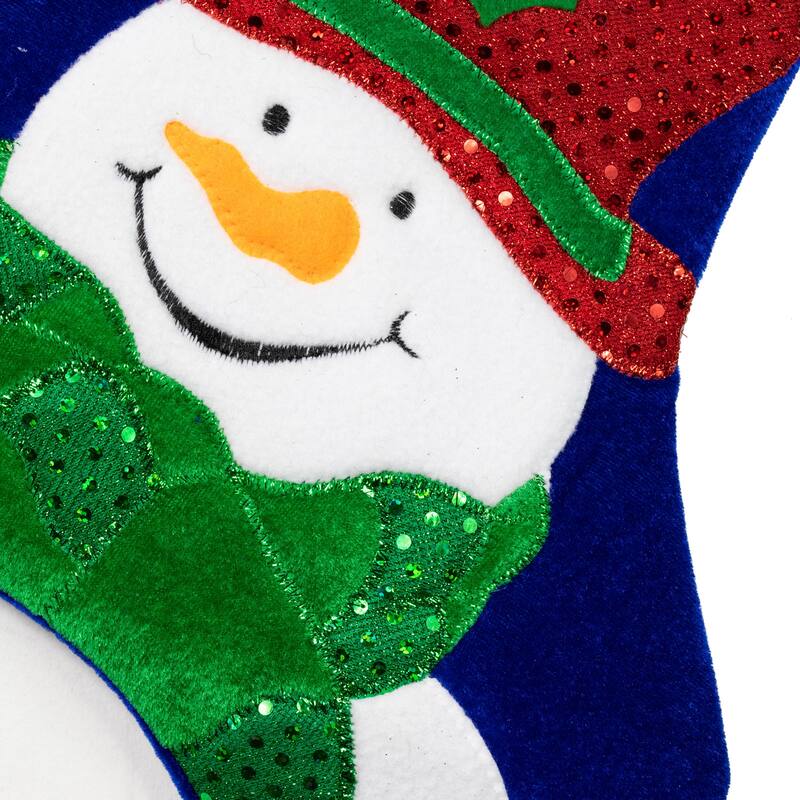 20" Dark Blue Embroidered Velveteen Snowman Stocking White Cuff