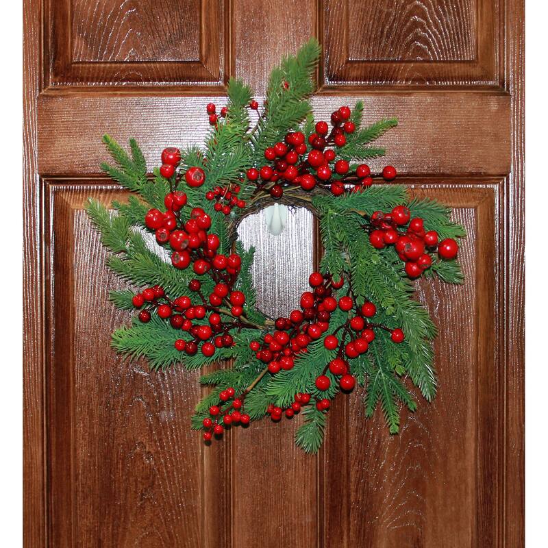 20" Red Berries & Cedar Wreath - Multicolor