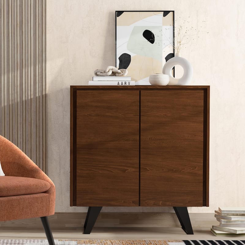 WYNDENHALL Mitchell SOLID WOOD and Metal 39 inch Wide Modern Industrial Medium Storage Cabinet - 39"w x 17"d x 42" h - Walnut Veneer