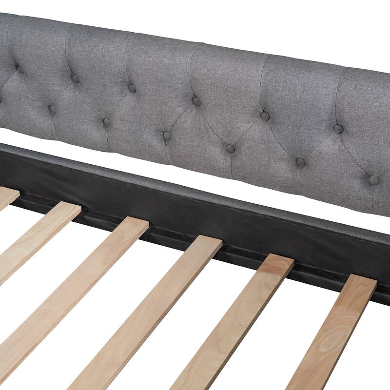 Full Size Upholstered Daybed with Two Drawers, Solid Wood Full Size Sofa Bed Frame with Button Tufted and Nailtrim on Arms