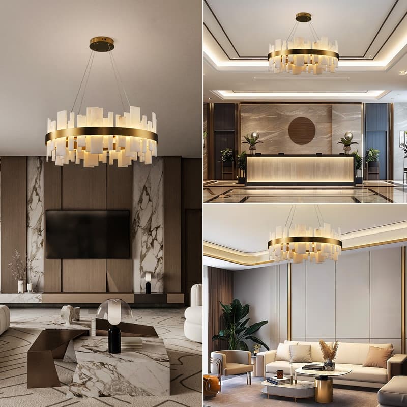 KAYLA 31 in. 8-Lights Drum Gold Chandelier With Alabaster Shade Chandelier