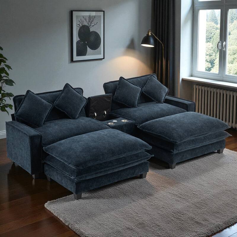 111" Chenille Upholstered Sectional Sofa with 2 Ottomans, USB Ports, Cup Holders and Storage Box for Living Room - Blue