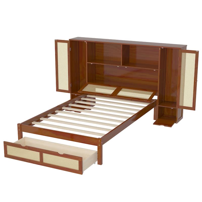 Twin Size Wooden Bed w/ 2 Storage Lockers, Drawer & Storage Shelf on Headboard, Multifunctional Platform Bed, Walnut