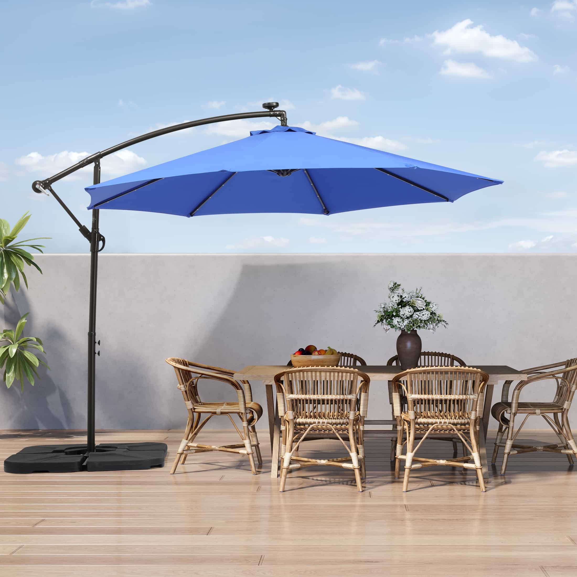 blue offset patio umbrella with solar lights 360-Degree LED Cantilever w/ Tilt Upgrade your outdoor experience with this 11ft patio umbrella with solar LED lights and base set Ainfox 13ft Large Patio Umbrella