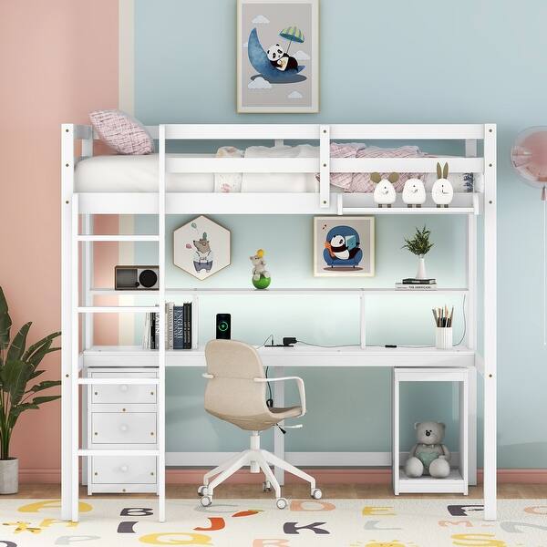 slide 2 of 12, Loft White Bed with Charging Shelves Desks Light Drawers Cabinet Tray White - Twin