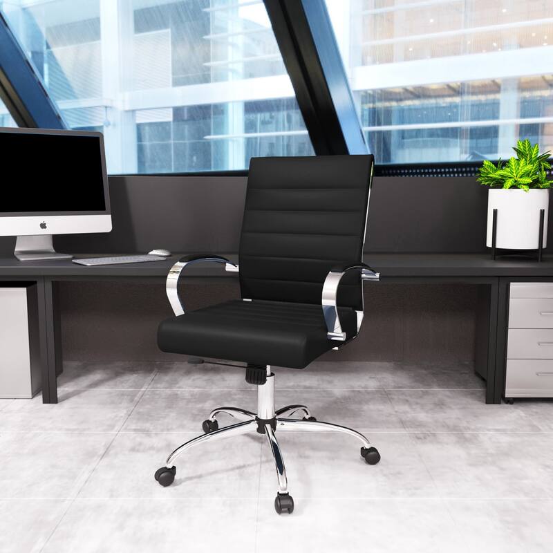 Benmar Leather Ribbed Office Chair with Chrome Frame, Adjustable Height, Tilt Lock, 360° Swivel, and Smooth Rolling Casters