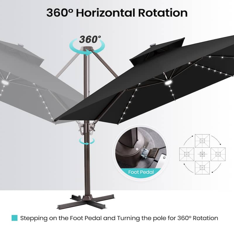 13 x 10 FT Outdoor Patio Cantilever LED Lighted Double Vented Umbrella with Base