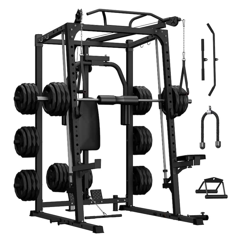 Smith Machine, 2000LBS Power Rack with Smith Bar, Cable Crossover Machine and Chest Station Machine for Home Gym - Black