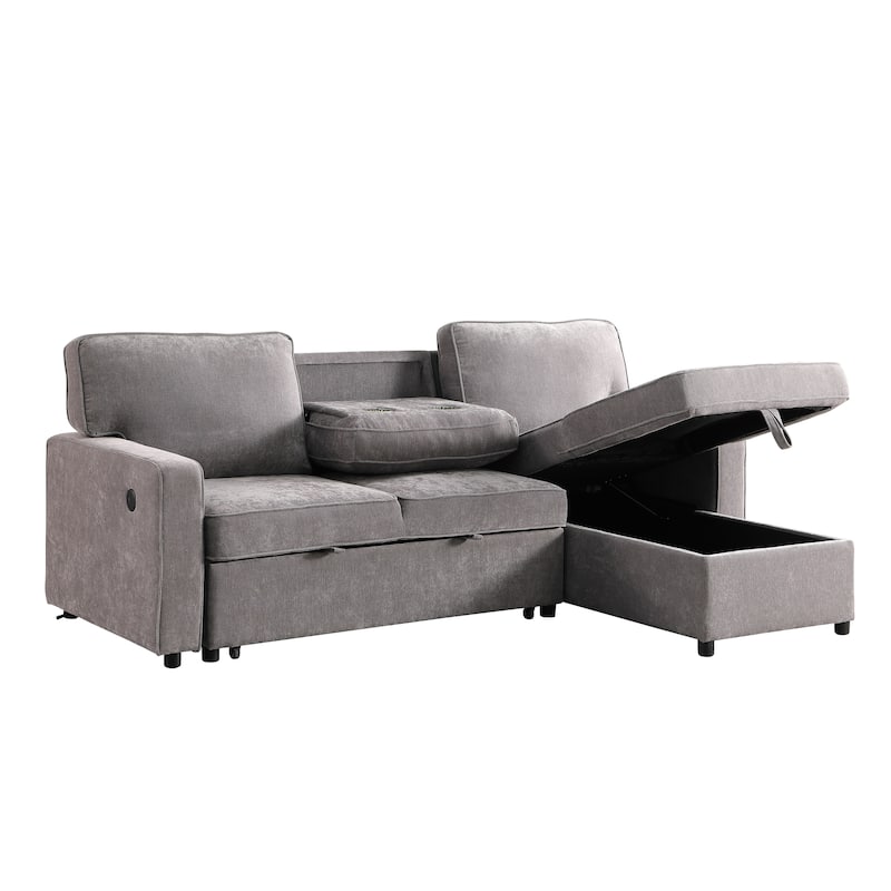 Chenille L-shaped Sectional Sofa with Pull Out Sleeper Bed, Reversible Storage Chaise, Folding Cup Holders and Charging Station