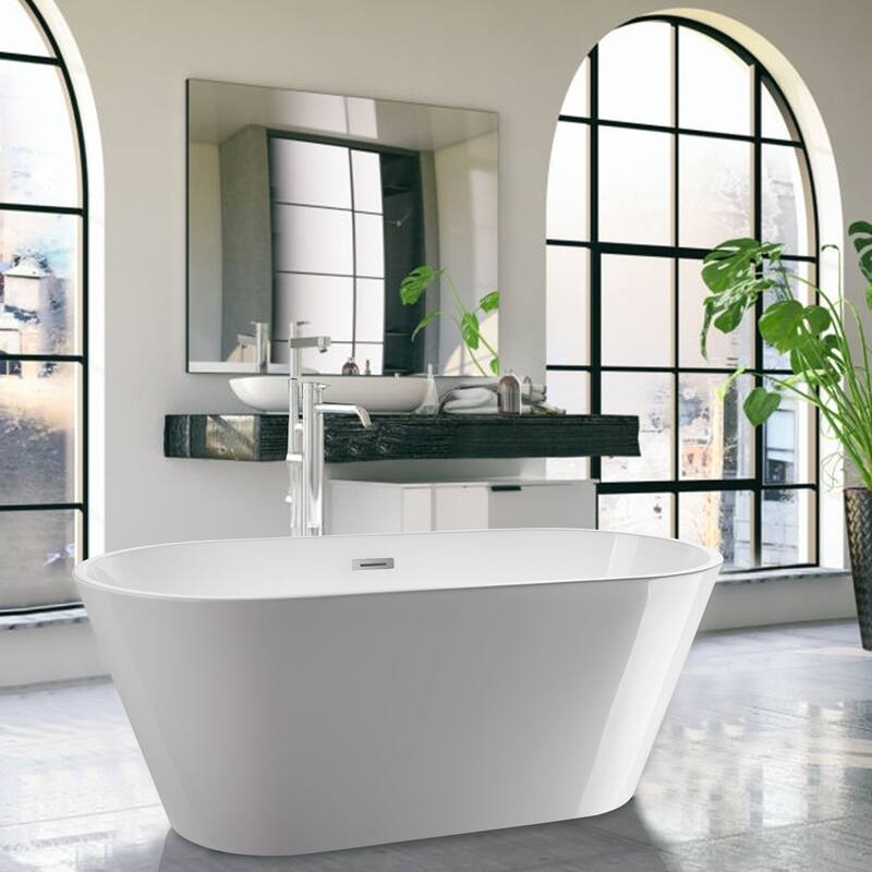 Vanity Art 54" Non-Slip Acrylic Freestanding Soaking Bathtub with Slotted Overflow & Pop-up Drain