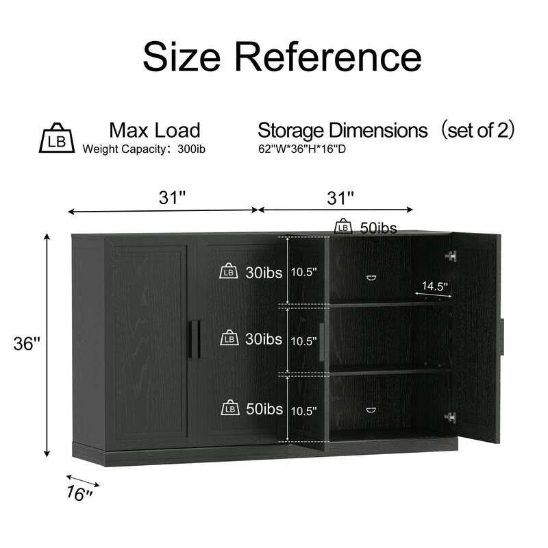 62"Lx36"H Solid Wood Kitchen Pantry Sideboard Buffet Cabinet Storage with Adjustable Shelves