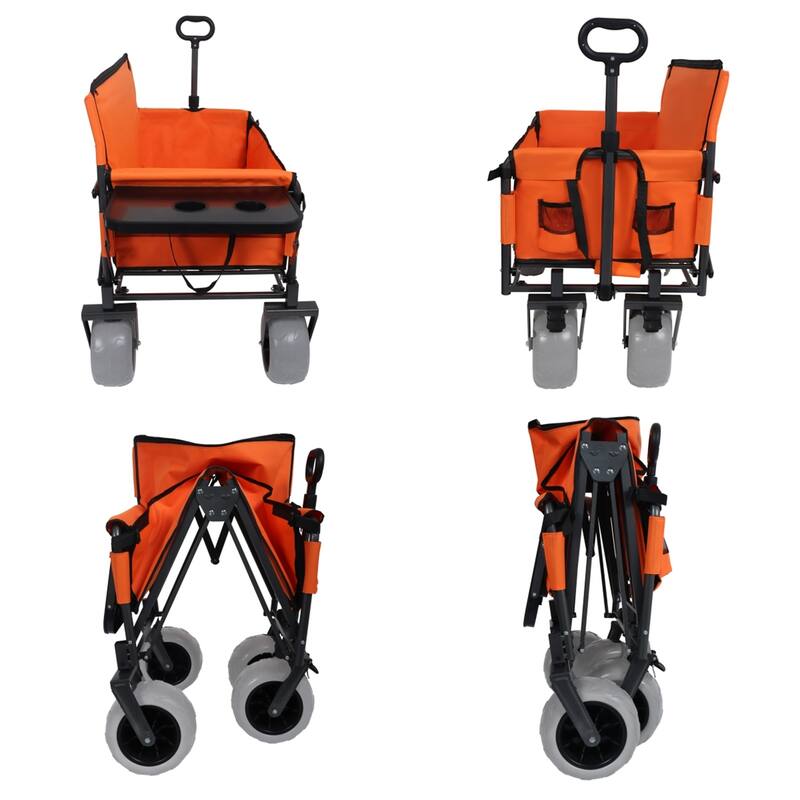 3-in-1 Folding Wagon Cart with Bench Seat & Rear-Mounted Folding Tabletop