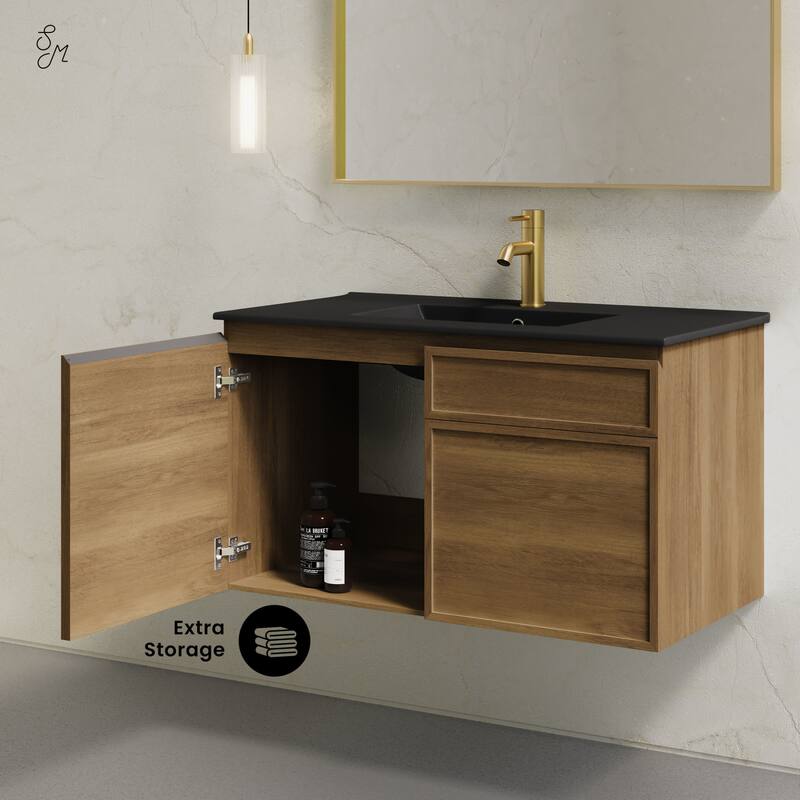 St. Tropez 36" Wall-Mounted Bathroom Vanity In Brown Oak With Black Sink Top - 36