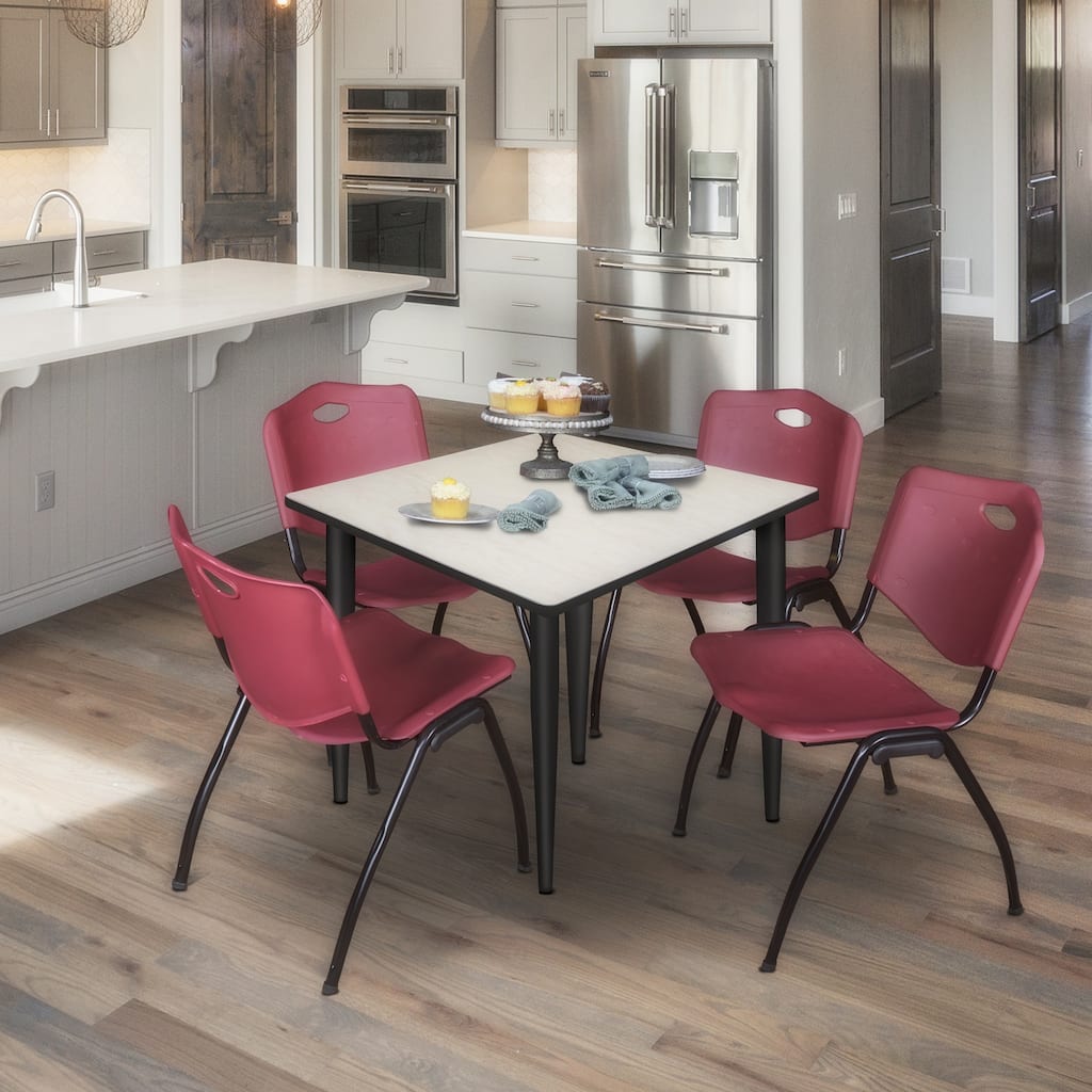 42 in. Square Breakroom Table- Maple Top, Black Base & 4 M Stack Chairs- Burgundy - Burgundy, Black - 42 in.