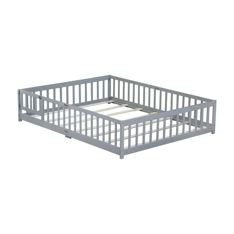 Queen Size Floor Bed with Fence,Door,Rubber Wood Floor Bed with Safety Guardrails