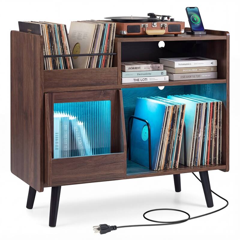 Gymax Record Player Stand w/LED Light Power Outlets Sliding Door Vinyl - Brown